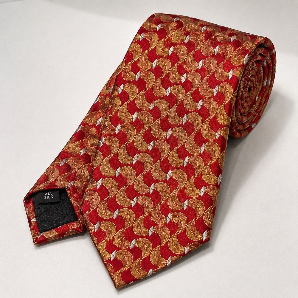Gitman Bros Tie Mens Red Gold Geometric Wave Silk Hand Made USA Vintage Necktie